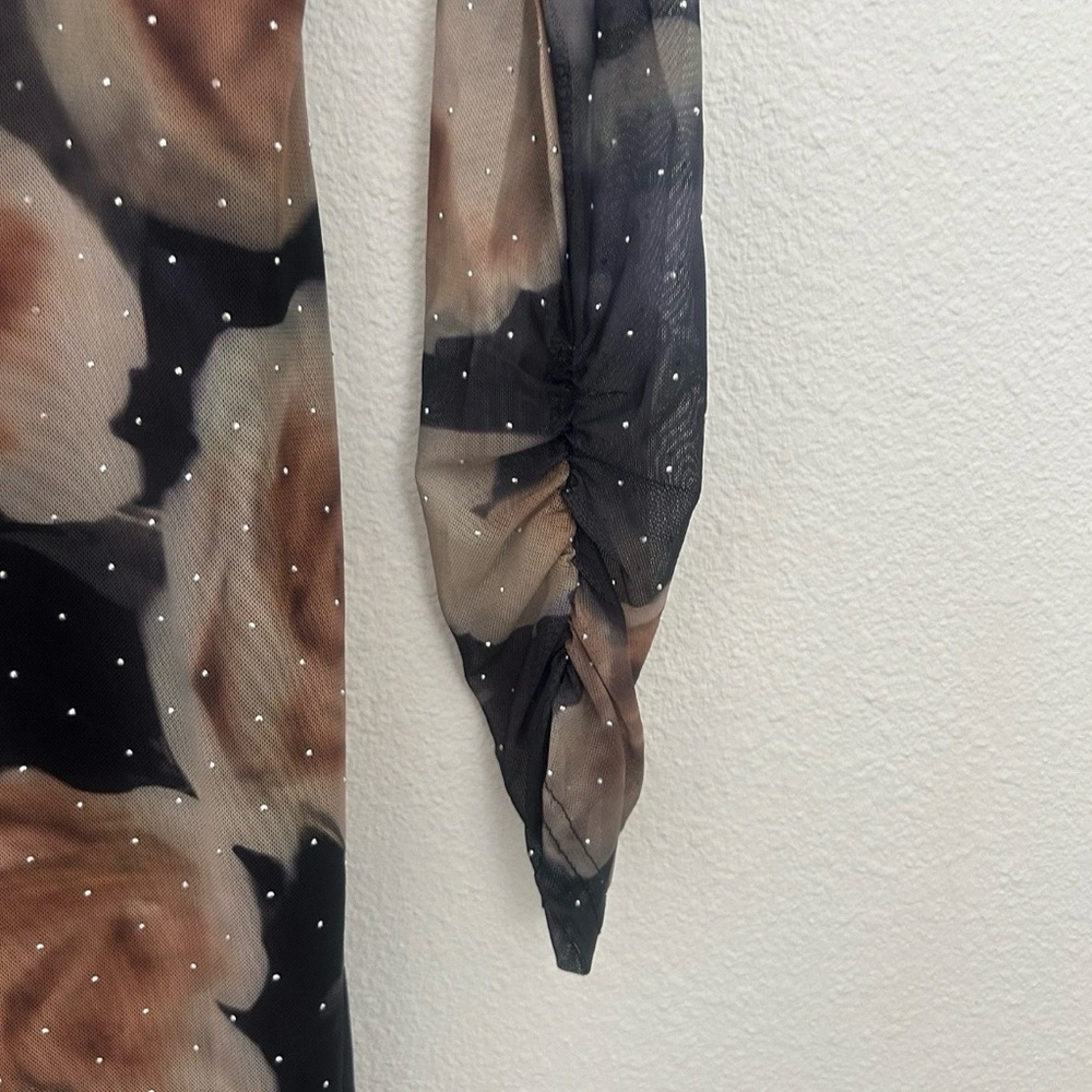 Quiz Gothic Dark Floral Midi Dress NEW Size 10 Ruched Sheer Sparkle Brown Black - Picture 10 of 16